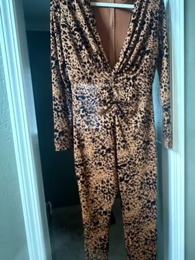 Leopard Print V-Neck Jumpsuit - Brown